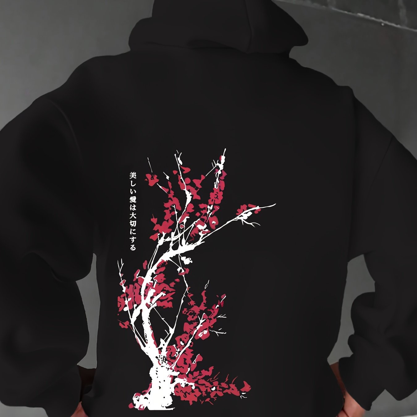 Heren Casual Hoodie met Kersenbloesem Print, 100% Polyester Breiselstof, Lichte Stretch, Losse Pasvorm, Lente/Herfst Weekendkleding, 250g/m² - Wit