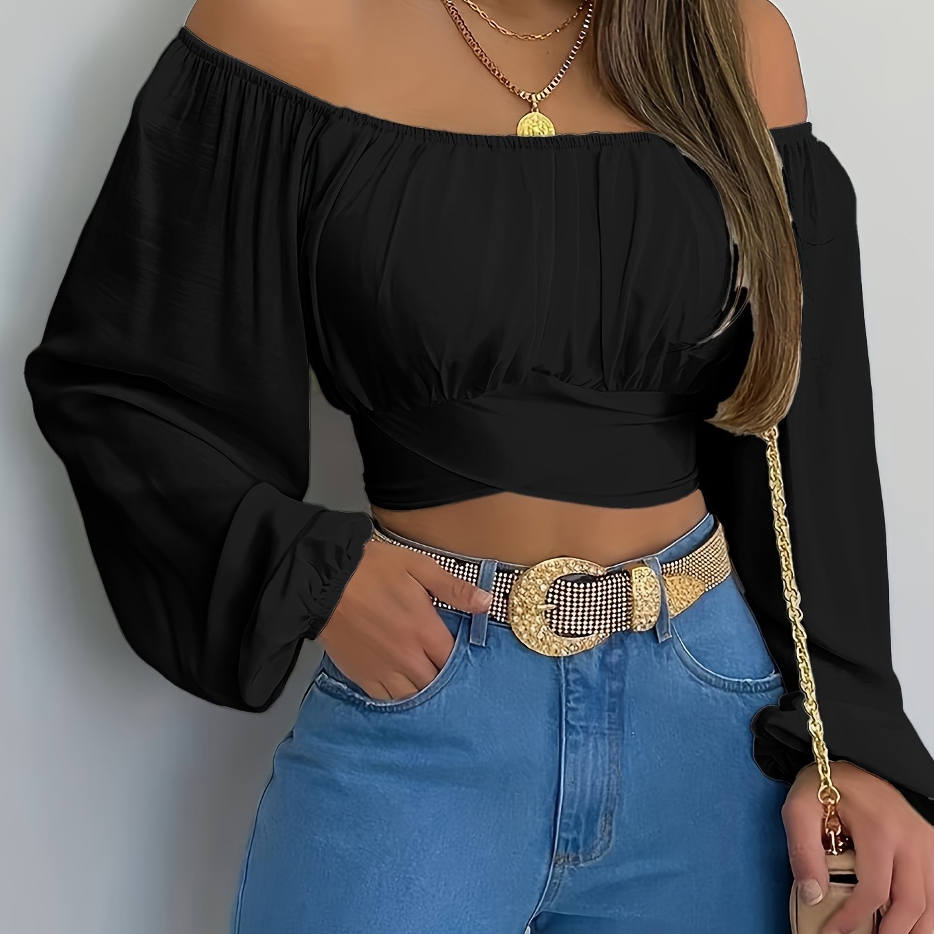 Stevige Kruis Terug Crop Blouse, Casual Schouderloze Lange Mouw Top, Dameskleding Voor Coquette/Schattige/Y2K Stijl