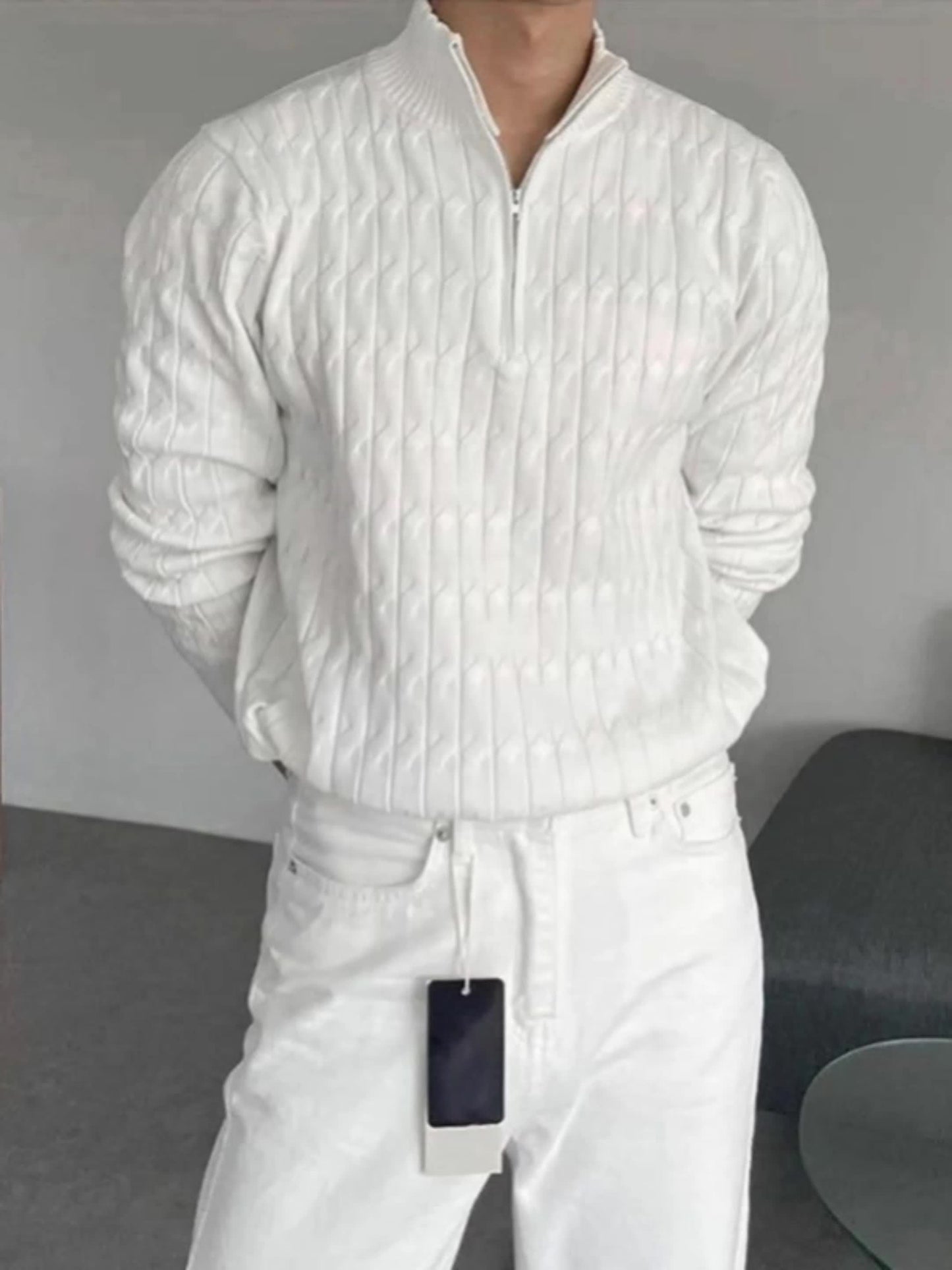 Herensweater casual, viscose breiwerk, effen kleur, reguliere pasvorm, crew hals, 1/4 rits, stretch stof, voor dagelijks gebruik en forenzen, herfst/winterseizoen