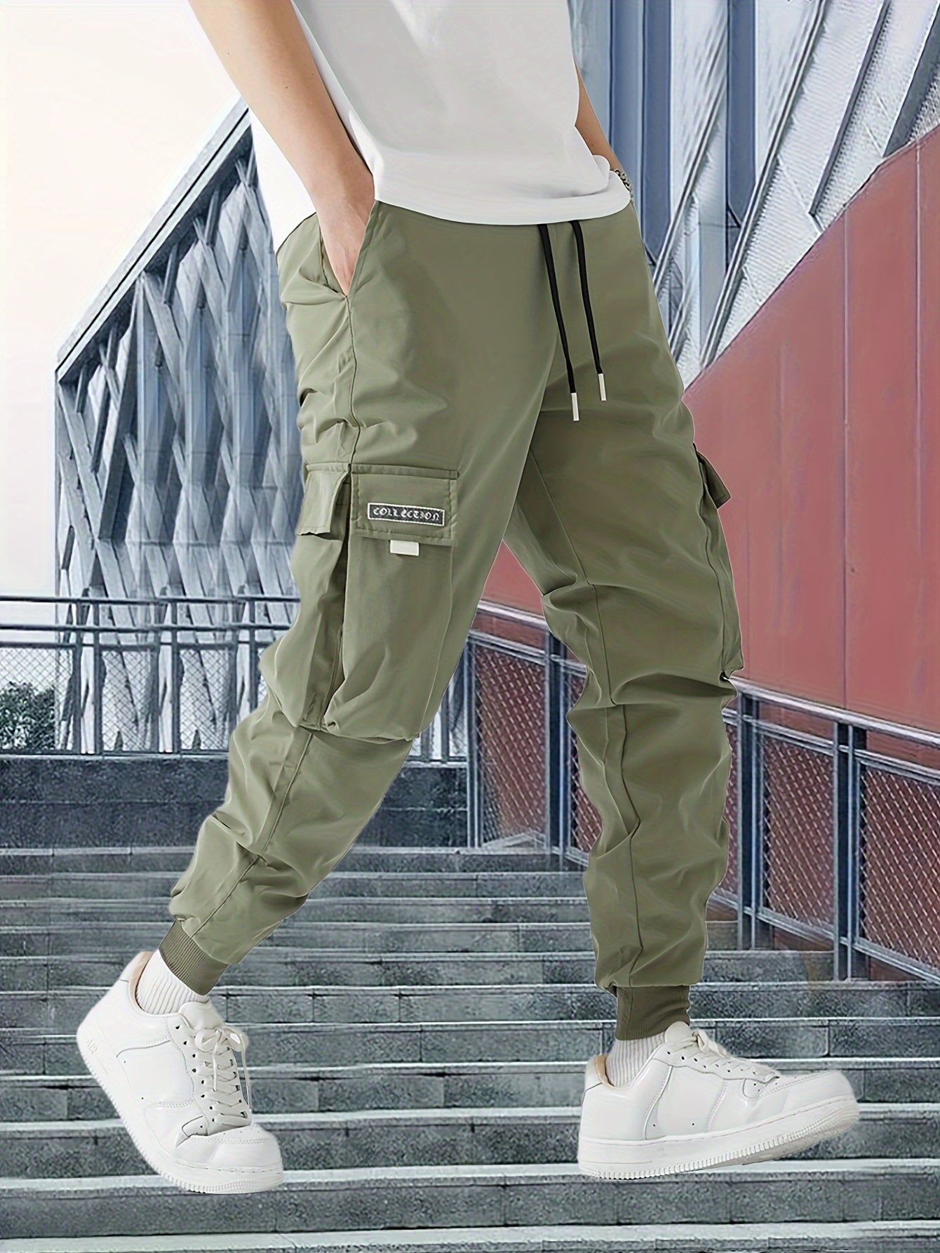 Lichtgewicht Ontwerp| Heren Olijfgroene Cargo Broek - Lichtgewicht Polyester, Casual Stijl met Meerdere Zakken en Trekkoord Taille, Perfect voor Lente/Herfst, Lente Herfst Kleding|Trekkoord Tailleband|Gladde Textuur Stof