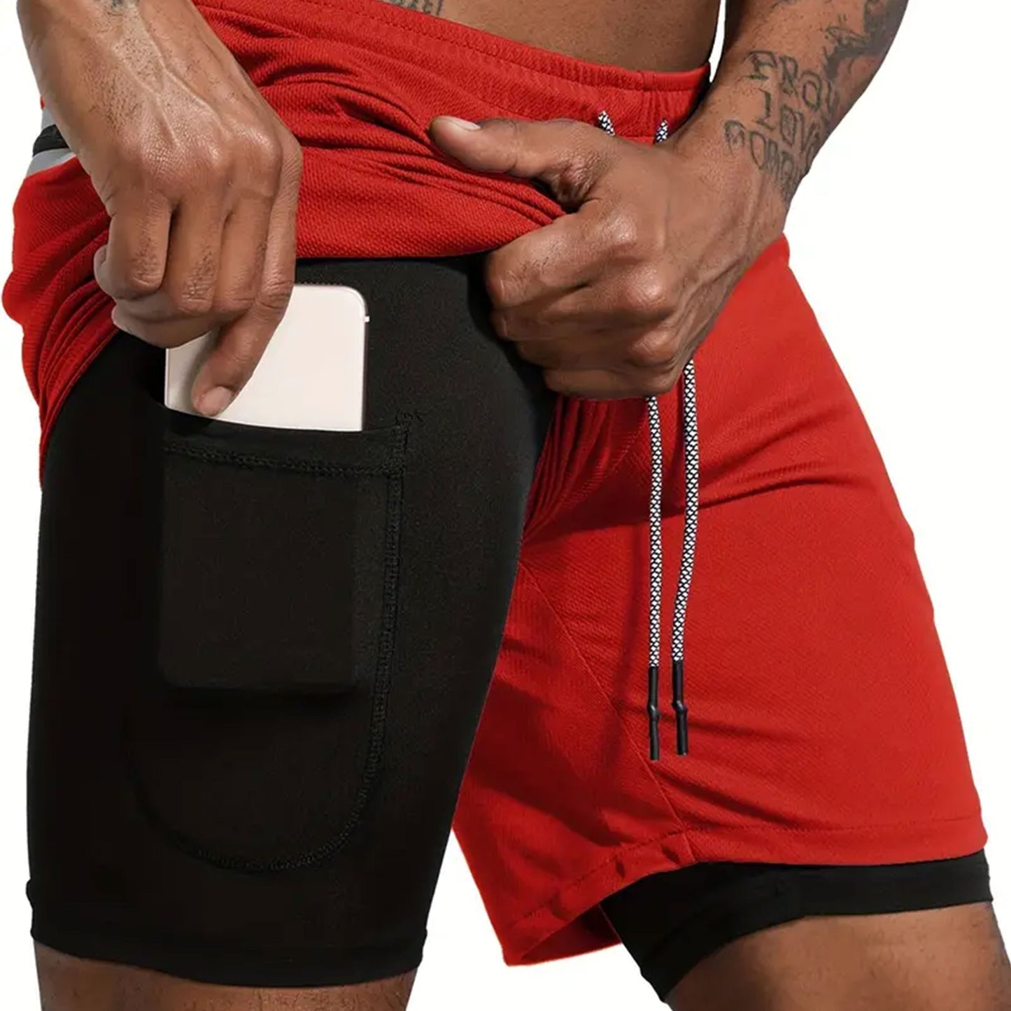 Heren Casual Atletische Shorts Voor De Zomer - Ademend, Lichtgewicht Polyester, Rood Met Zwarte Zijzakken En Trekkoord Tailleband, Perfect Voor Hardlopen, Training, Wandelen En Buitenactiviteiten, Zomer Trainingsuitrusting | Trekkoord Tailleband | Comfort