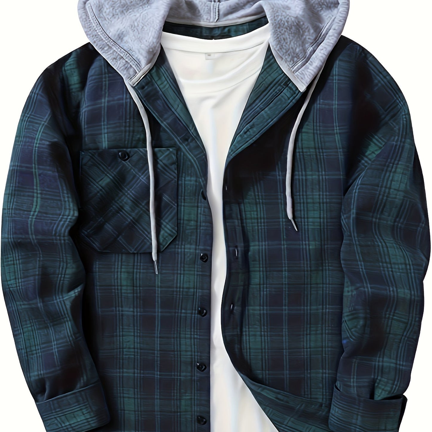 Casual Geruite Herenhoodie met Borstzakje en Verstelbare Trekkoord - Lange Mouwen, Knoopsluiting in Groen/Zwart/Grijs voor Lente & Herfst