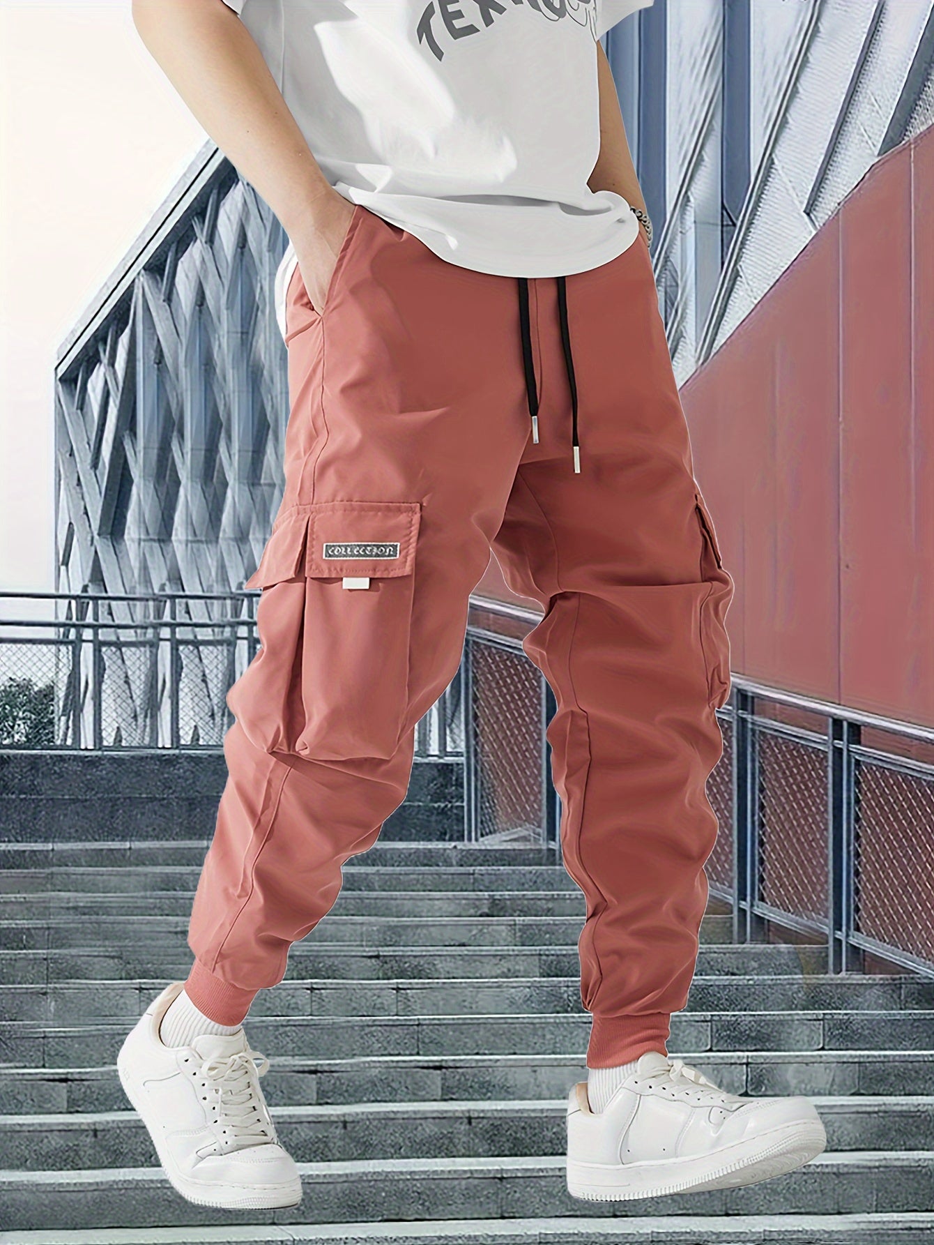 Lichtgewicht Ontwerp| Heren Olijfgroene Cargo Broek - Lichtgewicht Polyester, Casual Stijl met Meerdere Zakken en Trekkoord Taille, Perfect voor Lente/Herfst, Lente Herfst Kleding|Trekkoord Tailleband|Gladde Textuur Stof
