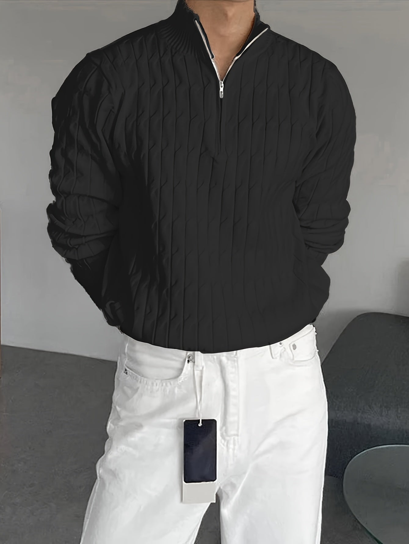 Herensweater casual, viscose breiwerk, effen kleur, reguliere pasvorm, crew hals, 1/4 rits, stretch stof, voor dagelijks gebruik en forenzen, herfst/winterseizoen