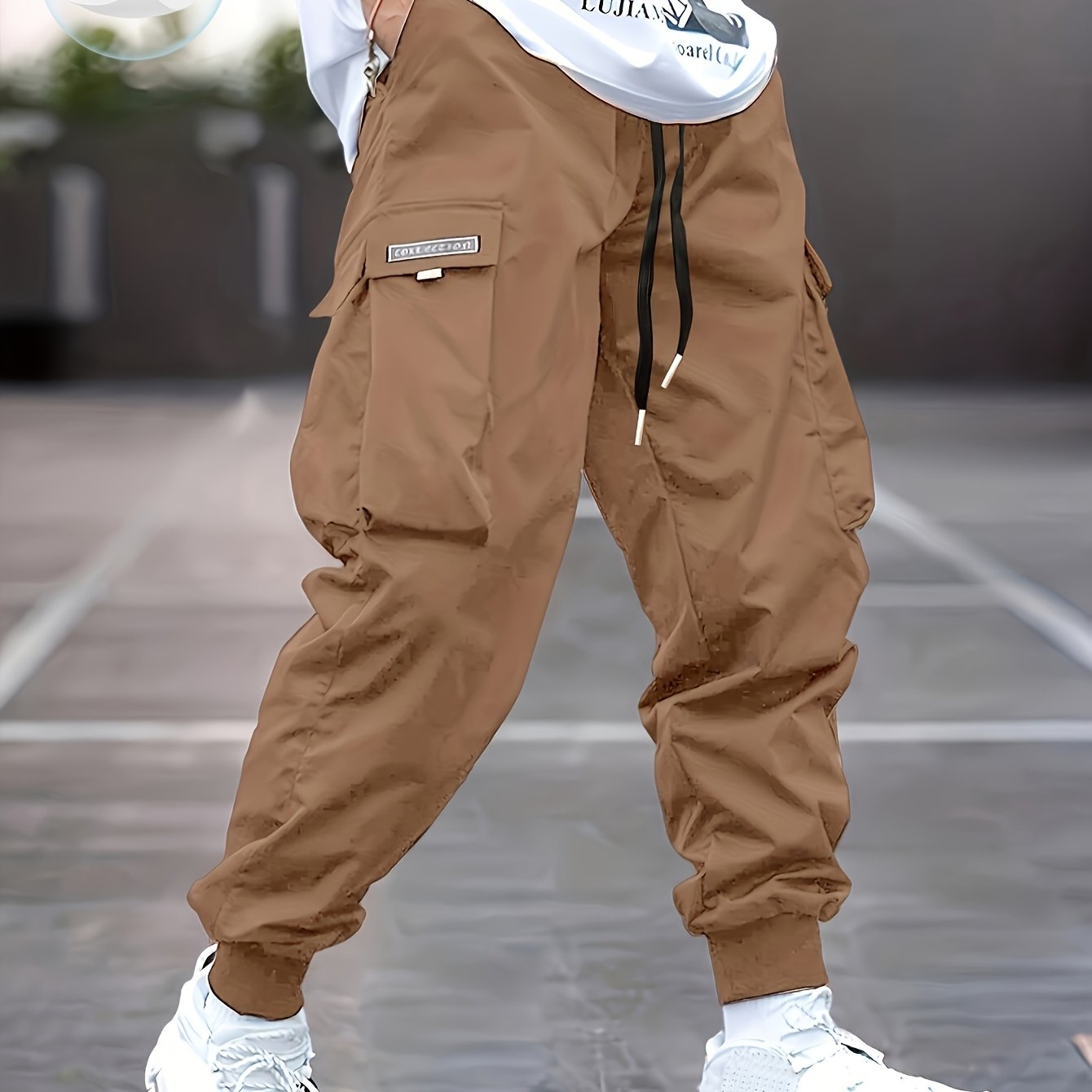 Lichtgewicht Ontwerp| Heren Olijfgroene Cargo Broek - Lichtgewicht Polyester, Casual Stijl met Meerdere Zakken en Trekkoord Taille, Perfect voor Lente/Herfst, Lente Herfst Kleding|Trekkoord Tailleband|Gladde Textuur Stof