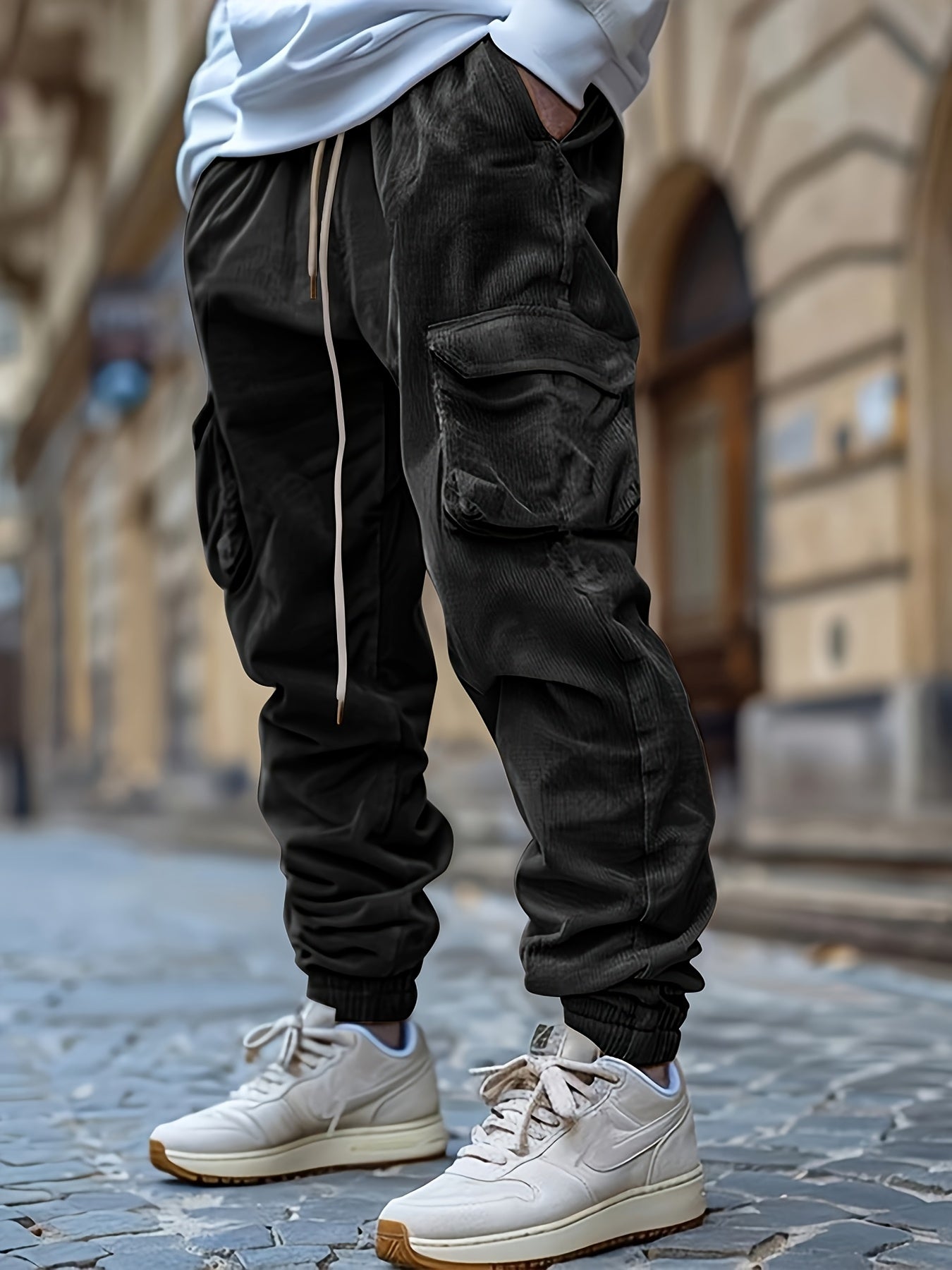 1 stuk heren corduroy cargobroek, tinta unita midden taille met zakken, trekkoord taille, lichte stretch, casual regular fit, comfortabele ademende polyester voering, modieuze dagelijkse broek