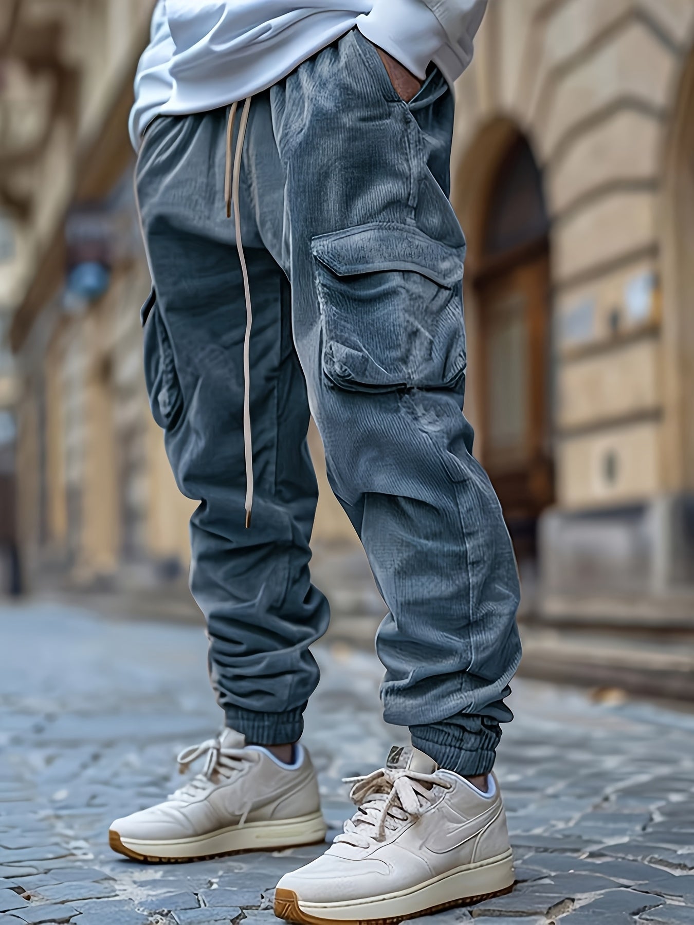 1 stuk heren corduroy cargobroek, tinta unita midden taille met zakken, trekkoord taille, lichte stretch, casual regular fit, comfortabele ademende polyester voering, modieuze dagelijkse broek
