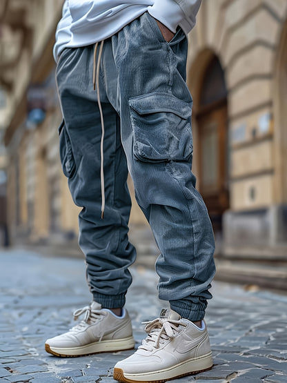 1 stuk heren corduroy cargobroek, tinta unita midden taille met zakken, trekkoord taille, lichte stretch, casual regular fit, comfortabele ademende polyester voering, modieuze dagelijkse broek