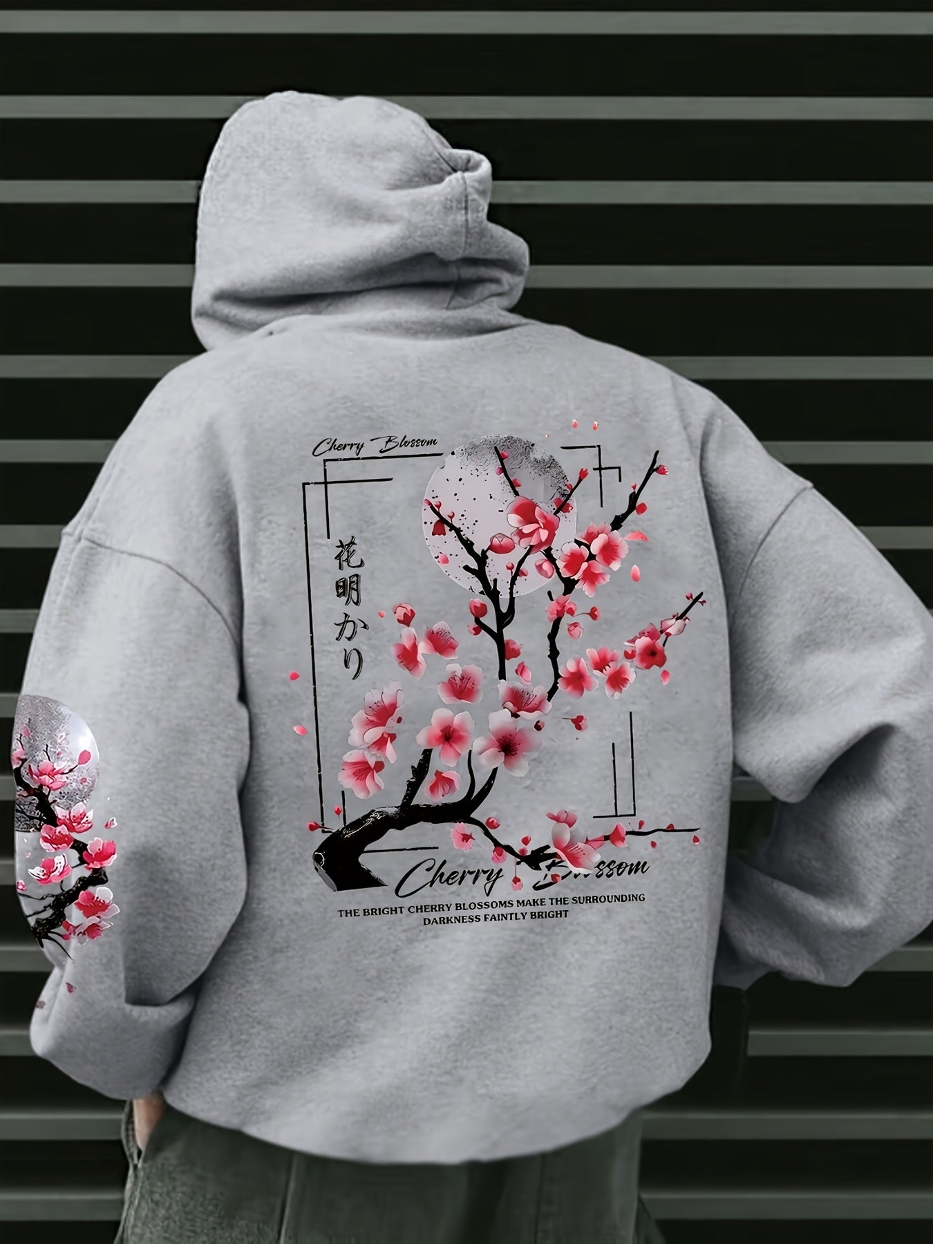 Herensweater met Kersenbloesemprint - Gezellige Fleece-gevoerde Casual Pullover met Zakken, Losse Pasvorm, Lange Mouwen, Groen