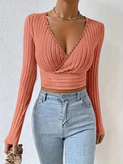 Geribbeld Cropped T-shirt Met Hoge Hals, Casual T-shirt Met Lange Mouwen Voor Lente En Herfst, Dameskleding