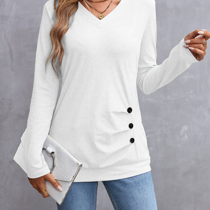Elegante dames v-hals t-shirt met lange mouwen en knoopdetail - 100% polyester breisel, tinta unita, normale lengte voor lente en herfst