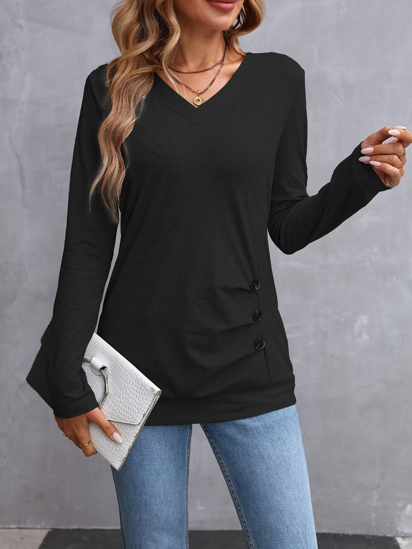 Elegante dames v-hals t-shirt met lange mouwen en knoopdetail - 100% polyester breisel, tinta unita, normale lengte voor lente en herfst