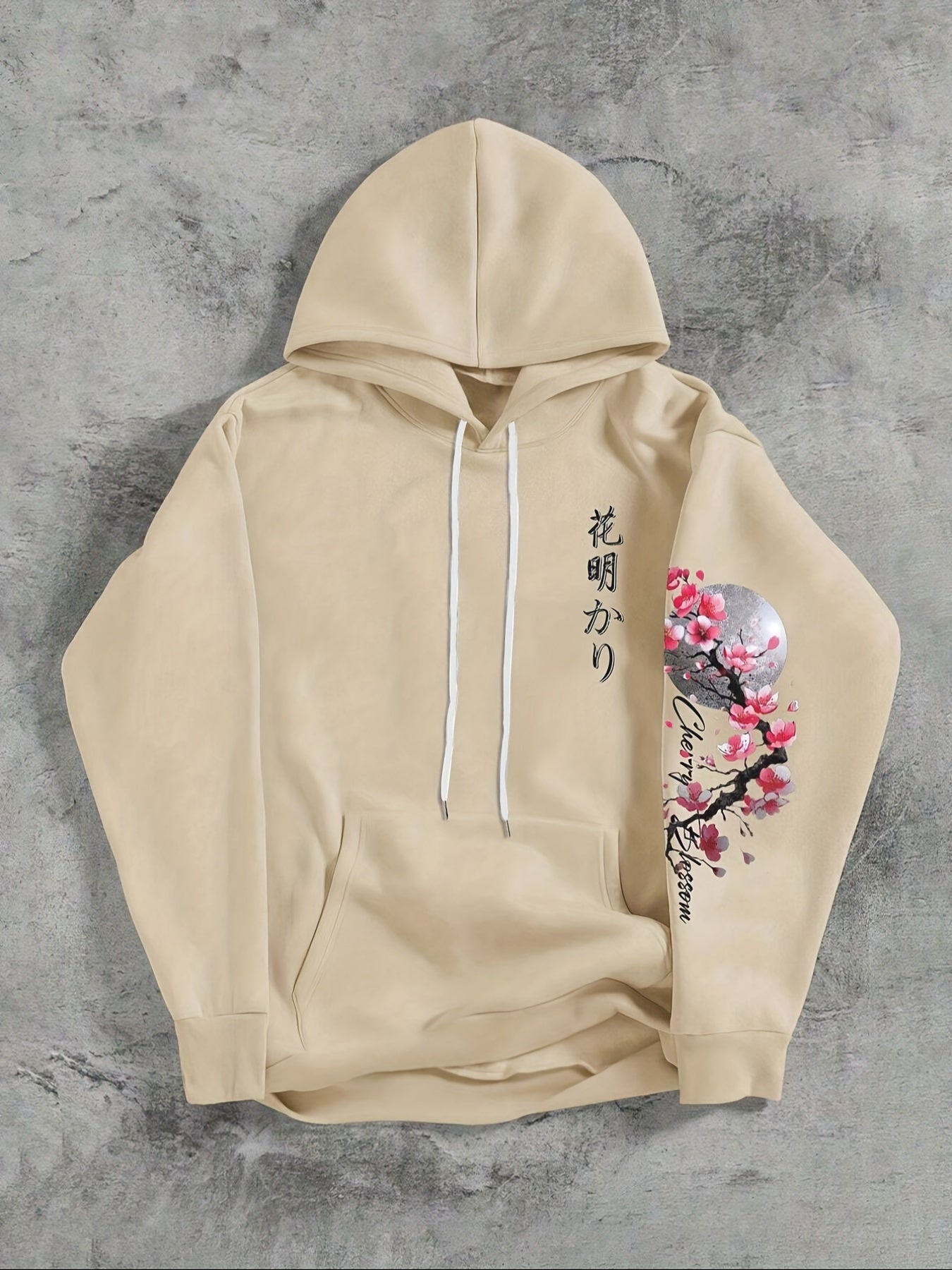 Herensweater met Kersenbloesemprint - Gezellige Fleece-gevoerde Casual Pullover met Zakken, Losse Pasvorm, Lange Mouwen, Groen