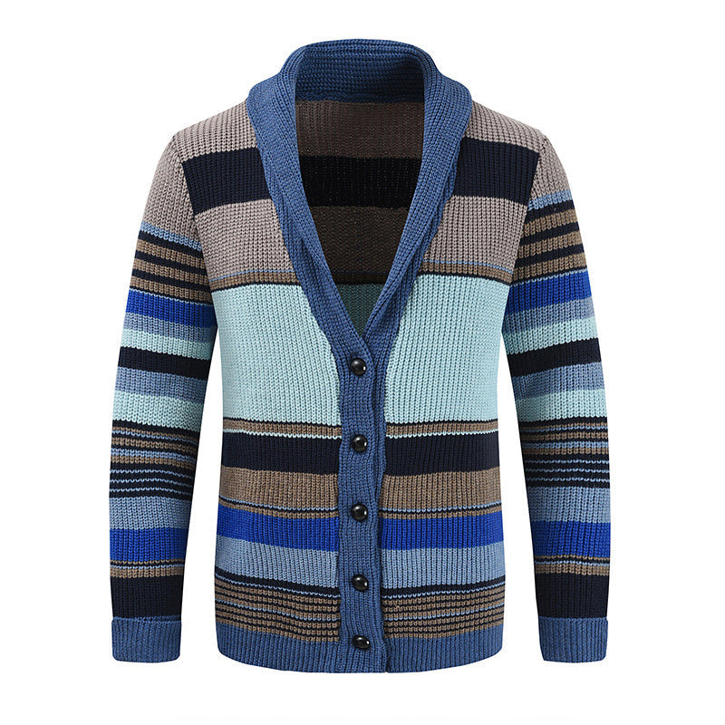 Heren Gestreepte Cardigan met Revers Knoopsluiting