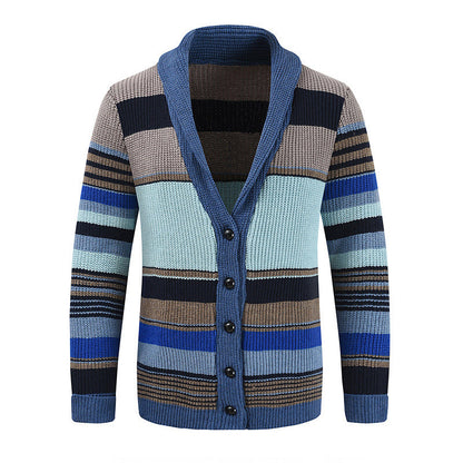 Heren Gestreepte Cardigan met Revers Knoopsluiting