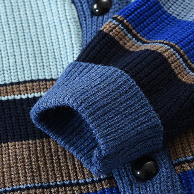 Heren Gestreepte Cardigan met Revers Knoopsluiting