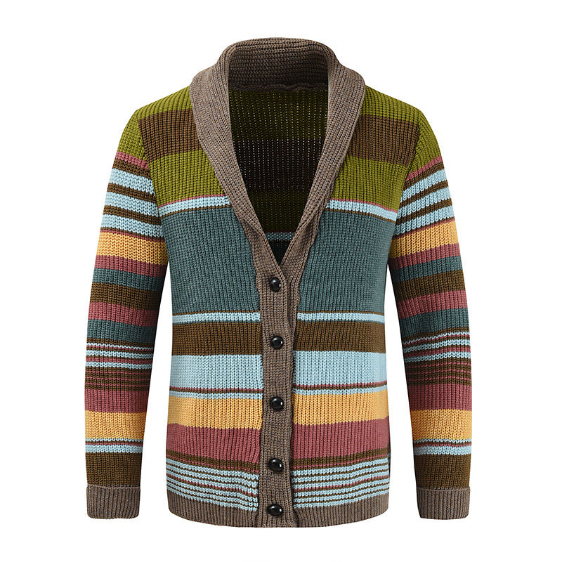Heren Gestreepte Cardigan met Revers Knoopsluiting