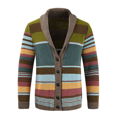 Heren Gestreepte Cardigan met Revers Knoopsluiting