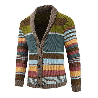 Heren Gestreepte Cardigan met Revers Knoopsluiting