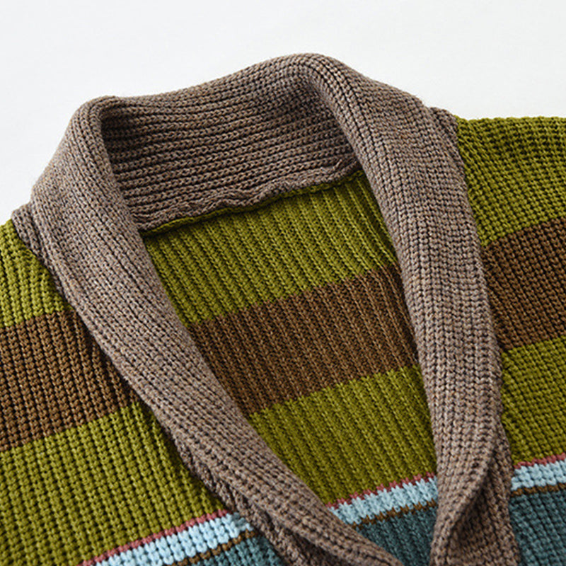 Heren Gestreepte Cardigan met Revers Knoopsluiting