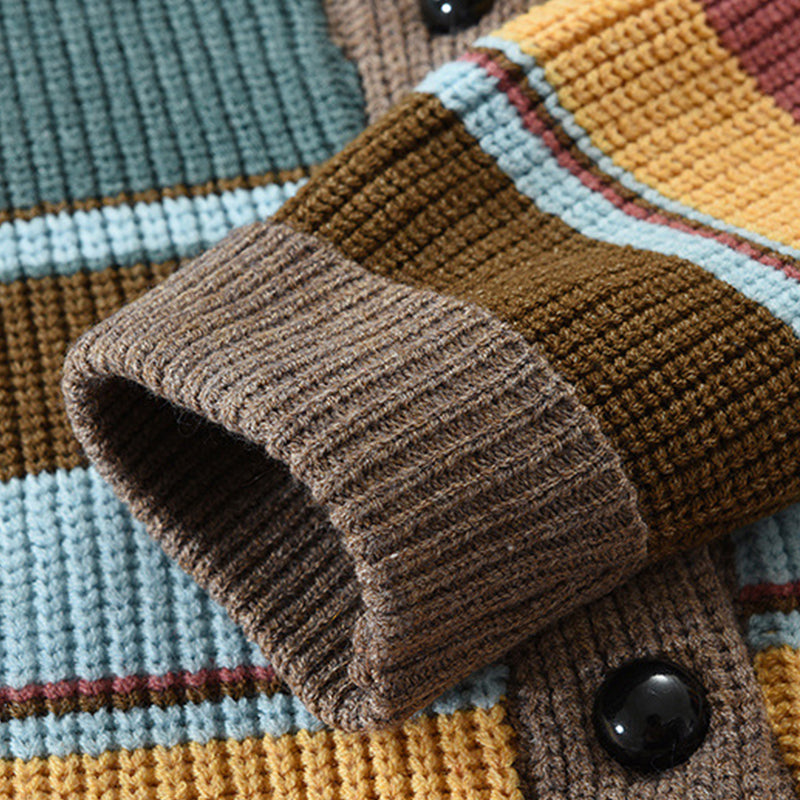 Heren Gestreepte Cardigan met Revers Knoopsluiting