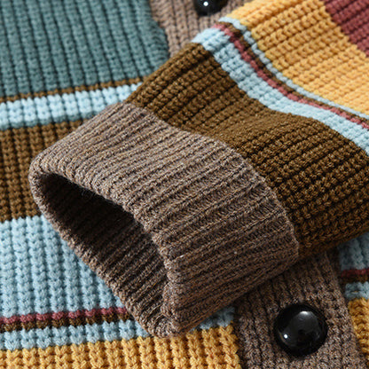 Heren Gestreepte Cardigan met Revers Knoopsluiting