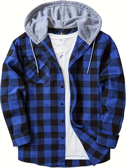 Casual Geruite Herenhoodie met Borstzakje en Verstelbare Trekkoord - Lange Mouwen, Knoopsluiting in Groen/Zwart/Grijs voor Lente & Herfst