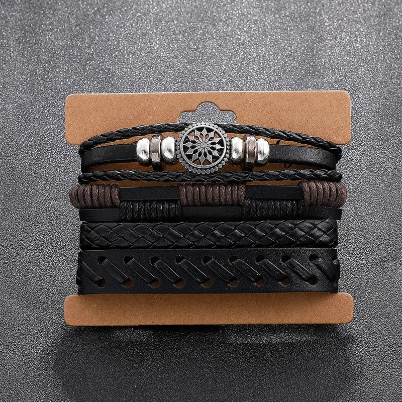 4 Stuks/set Modieuze Vintage Imitatie Leren Geweven Handgemaakte Polsheren Mannen Charm Polsheren