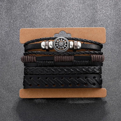 4 Stuks/set Modieuze Vintage Imitatie Leren Geweven Handgemaakte Polsheren Mannen Charm Polsheren