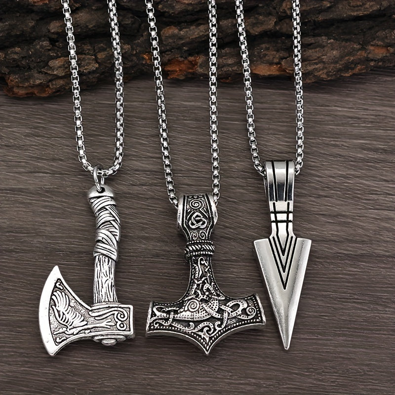 3 stuks Viking kettingen voor mannen - Viking hamer Noorse kompas Keltische knoop Wolf bijl hanger Noordse amulet hanger ketting vakantie, vaderdagcadeau sieraden cadeau