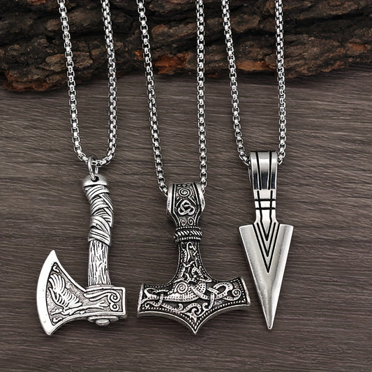 3 stuks Viking kettingen voor mannen - Viking hamer Noorse kompas Keltische knoop Wolf bijl hanger Noordse amulet hanger ketting vakantie, vaderdagcadeau sieraden cadeau