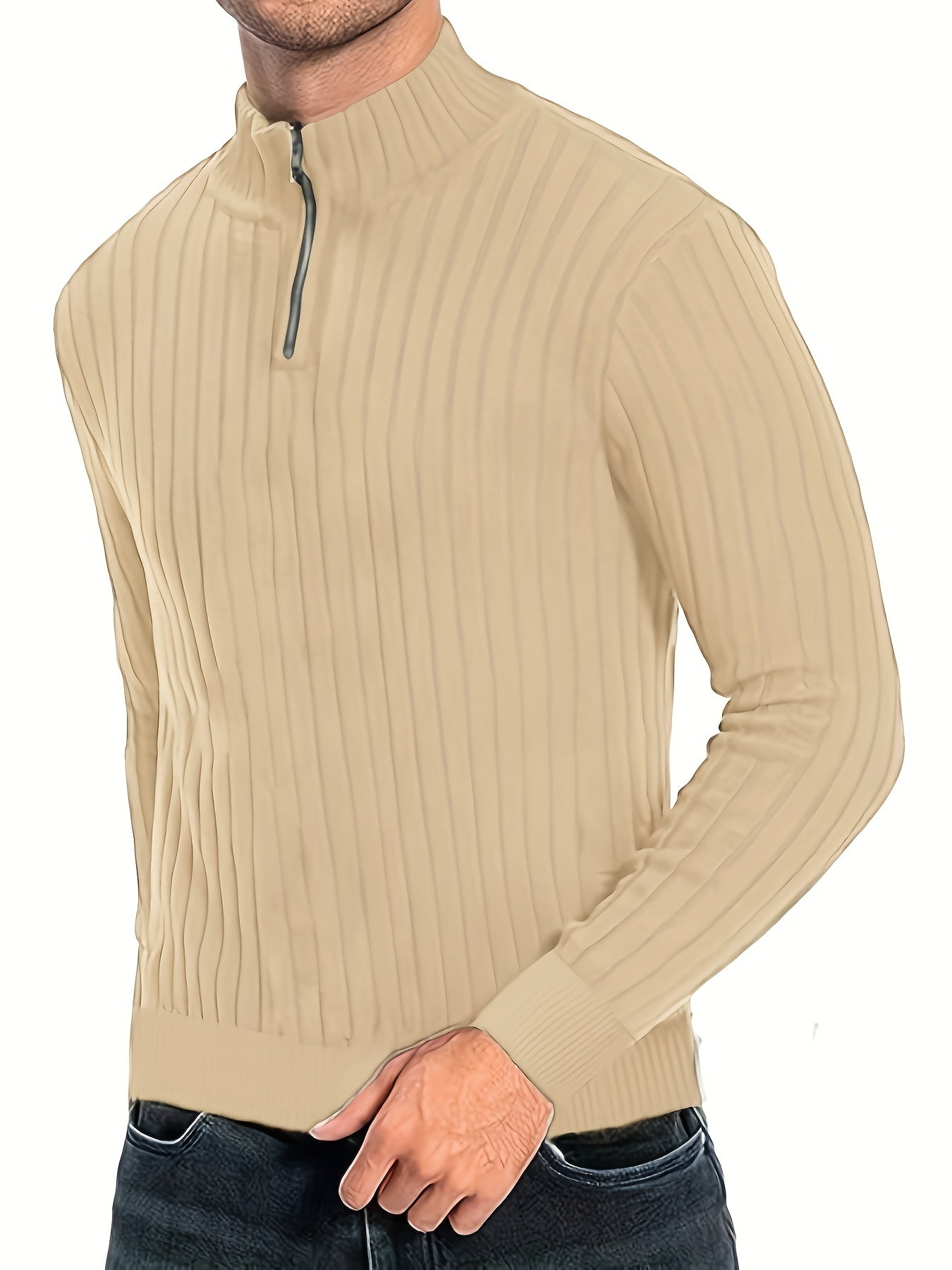 Herensweater van polyester, effen kleur, hoge hals met kwartsluiting, lange mouwen, reguliere pasvorm, 100% polyestergestrikte stof, 230g/m² - Herfst/Winter Essential