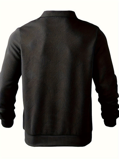 Heren Casual Henley Pullover Trui - Geometrisch Patroon Gebreide Stof met Rits, Polyester & Elastaan Blend, Revers Kraag, Lichte Stretch voor Herfst/Winter