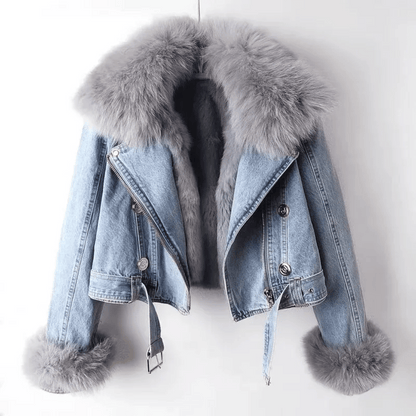 Dames denim jas met imitatiebontvoering
