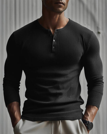 Heren Henley Longsleeve Ribgebreid | Knoopsluiting