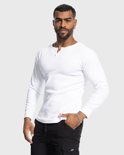 Heren Henley Longsleeve Ribgebreid | Knoopsluiting