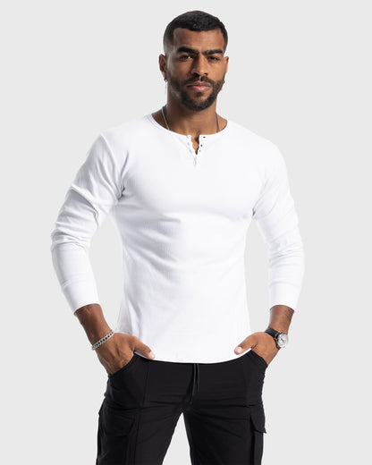 Heren Henley Longsleeve Ribgebreid | Knoopsluiting