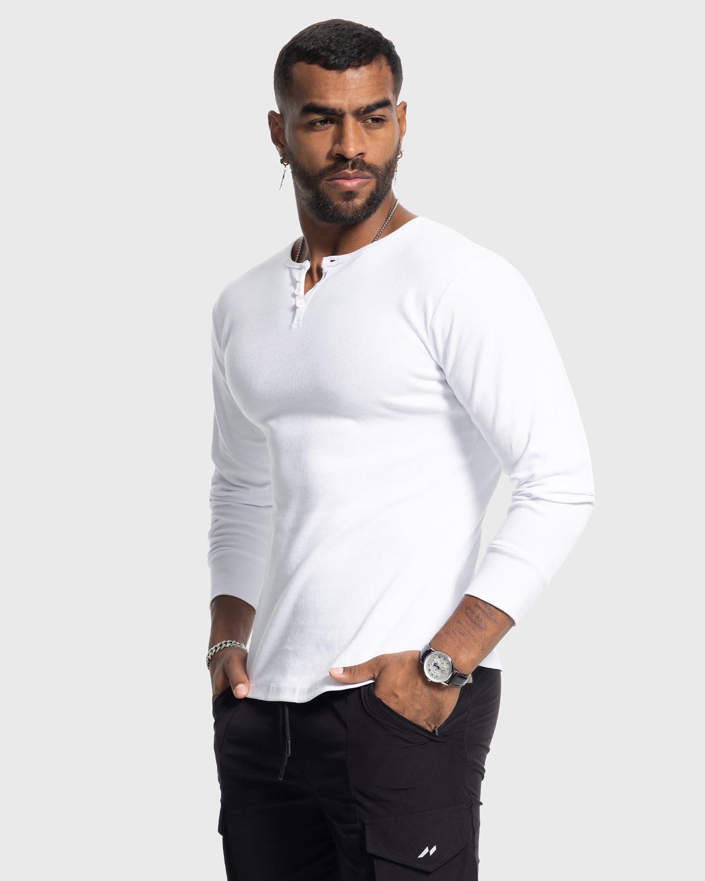 Heren Henley Longsleeve Ribgebreid | Knoopsluiting