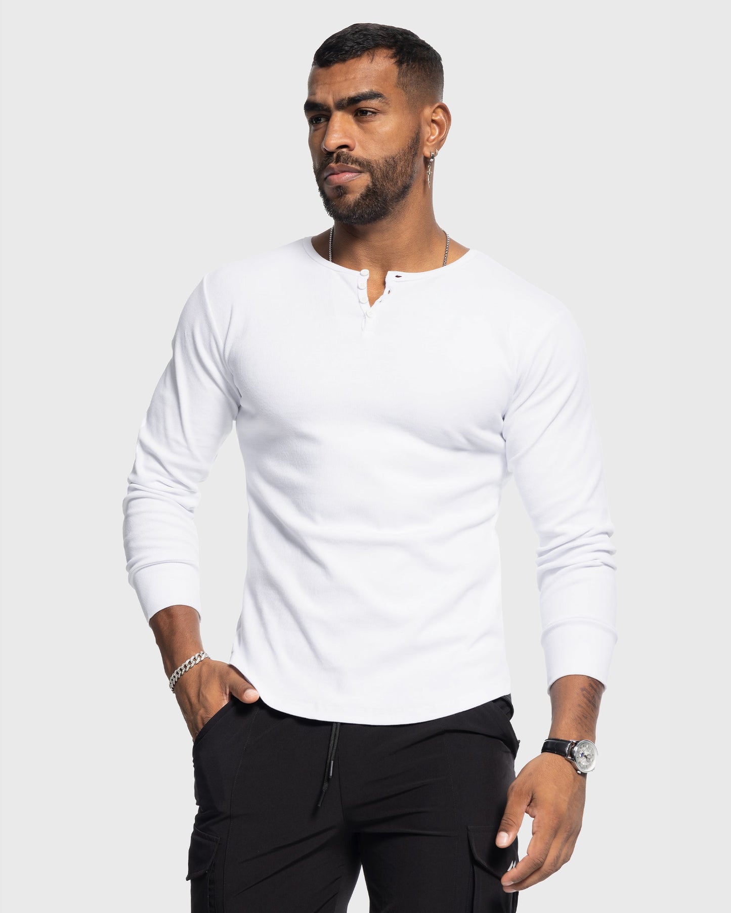 Heren Henley Longsleeve Ribgebreid | Knoopsluiting