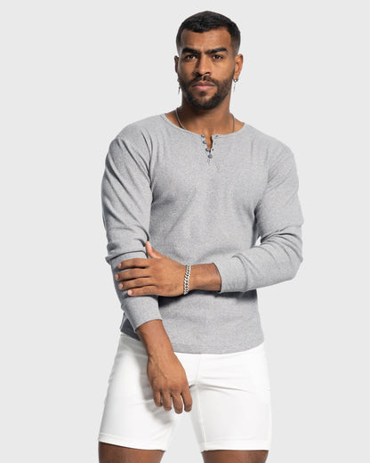 Heren Henley Longsleeve Ribgebreid | Knoopsluiting