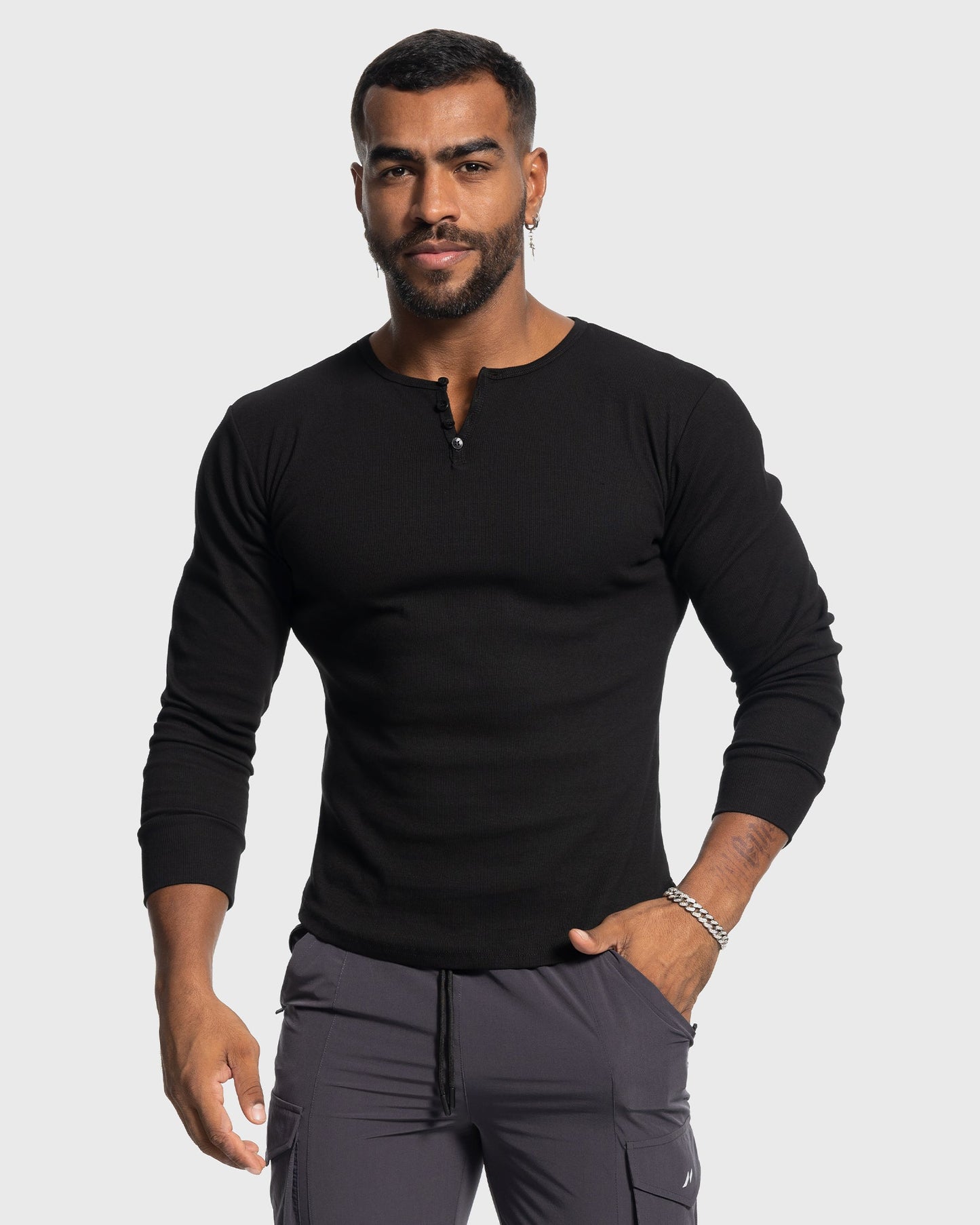 Heren Henley Longsleeve Ribgebreid | Knoopsluiting