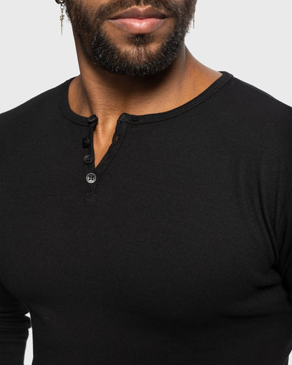 Heren Henley Longsleeve Ribgebreid | Knoopsluiting