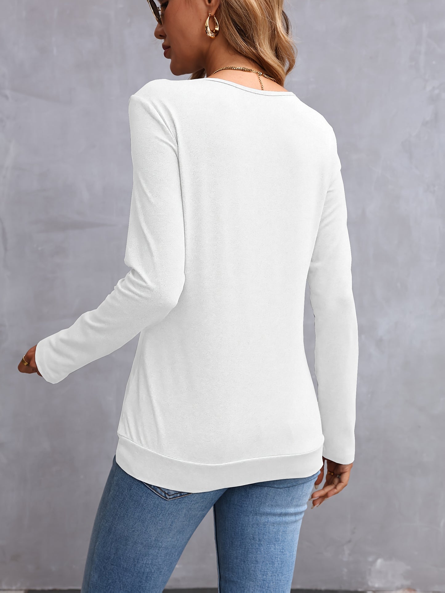 Elegante dames v-hals t-shirt met lange mouwen en knoopdetail - 100% polyester breisel, tinta unita, normale lengte voor lente en herfst