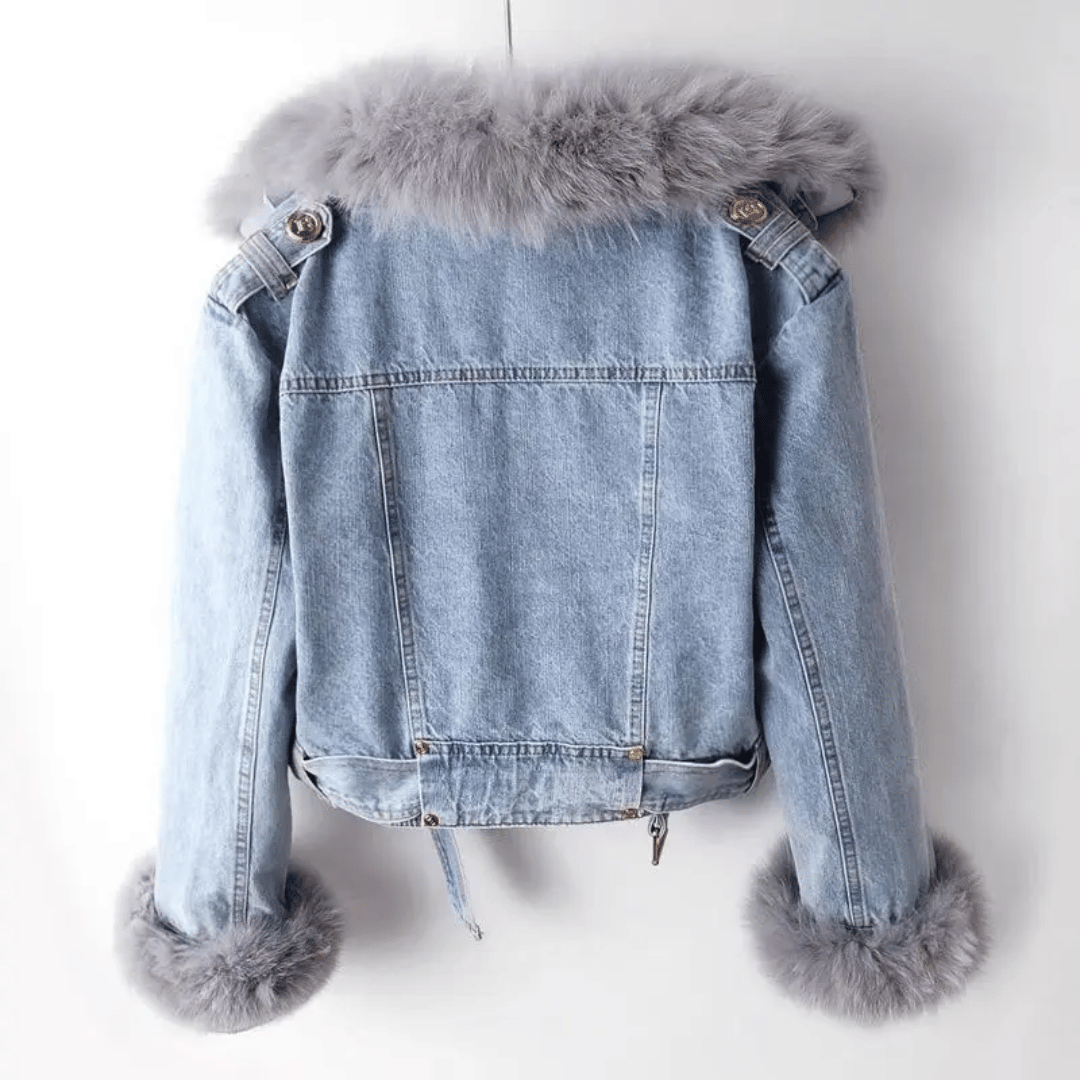 Dames denim jas met imitatiebontvoering