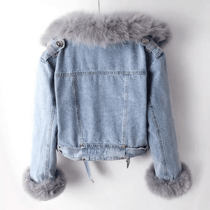 Dames denim jas met imitatiebontvoering