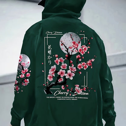 Herensweater met Kersenbloesemprint - Gezellige Fleece-gevoerde Casual Pullover met Zakken, Losse Pasvorm, Lange Mouwen, Groen