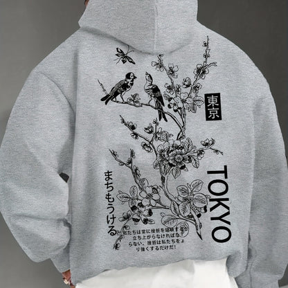 1pc Heren Casual French Terry Hoodie met Tokyo Print, Geometrisch Patroon, Niet-Stretch Breisel, Losse Pasvorm, Normale Lengte, Capuchon Kraag en Zak Detail