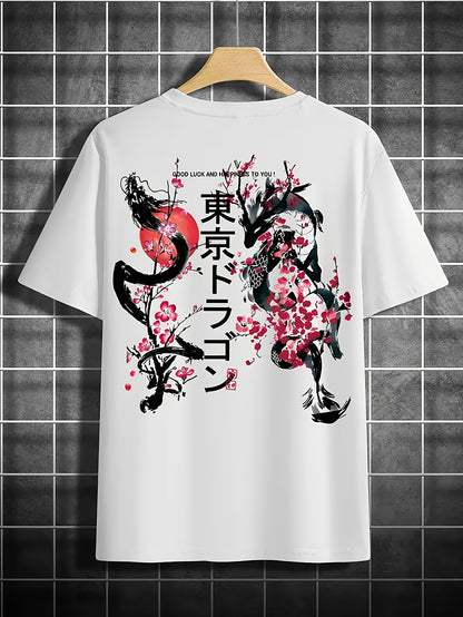 4-Pack Heren Casual Korte Mouw T-Shirt met Tokyo Draak Print, Ademende Polyester Stof, Ronde Hals, Perfect voor Zomerse Buitenkleding