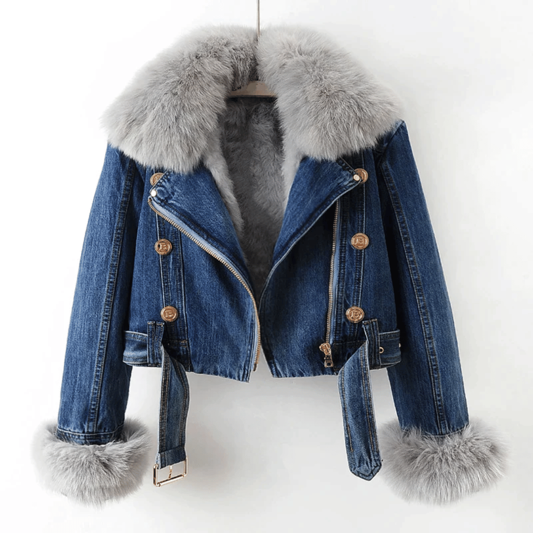 Dames denim jas met imitatiebontvoering