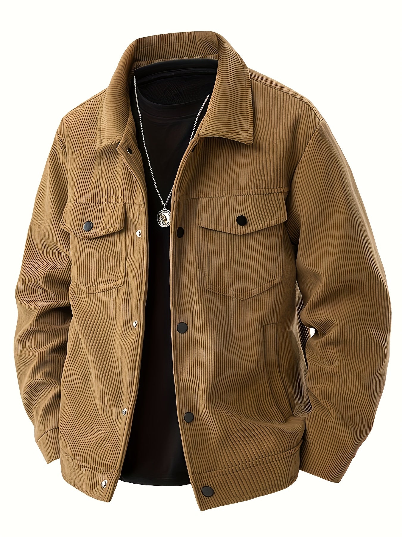 Herencorduroy Cargojack - Zwart, Ontwerp met Meerdere Zakken en Klepzakken, Knoopsluiting, Lange Mouwen, Casual Stijl, Machinewasbaar, Polyester Materiaal
